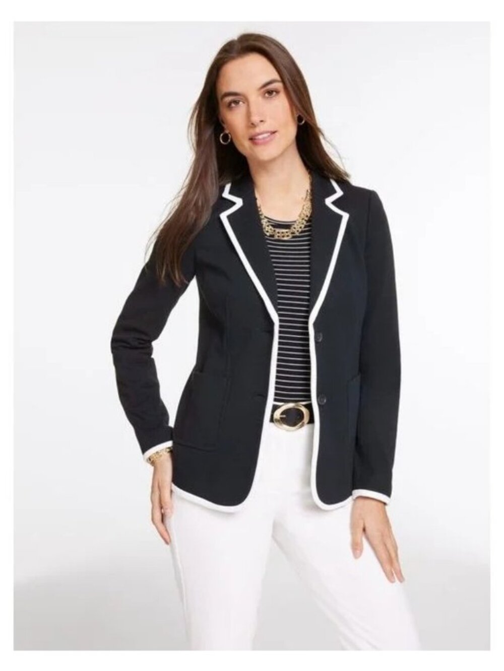 Ann Taylor Blazer Jacket Size 12 Black White Trim 3/4 Sleeve Front Pockets